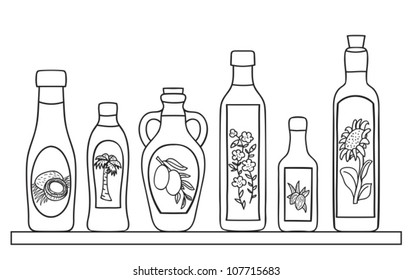 Set of natural oils in bottles - hand drawn illustration