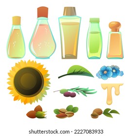 Set of natural oils objects. Extracted from nuts and plant seeds. Ecologically clean natural food. Product for healthy lifestyle and cooking. Isolated on white background. Vector