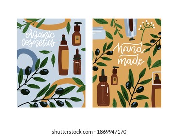 Set of natural olive cosmetic vertical banners. Background with hand drawn olive branches. Design for cosmetics, makeup, beauty salon, natural and organic products, health. Flat vector illustration