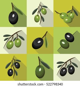 Set of natural olives flat icon with long shadow isolated vector illustration for design organic cosmetic, health food