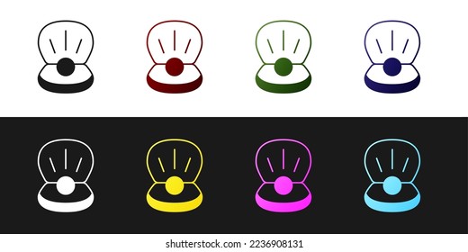 Set Natural open shell with pearl icon isolated on black and white background. Scallop sea shell. Seashell sign.  Vector