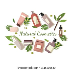 A set of natural organic beauty products in colorful bottles, jars and tubes. Organic beauty products. The concept of natural cosmetics for skin care. Top view. Stock vector illustration in flat style