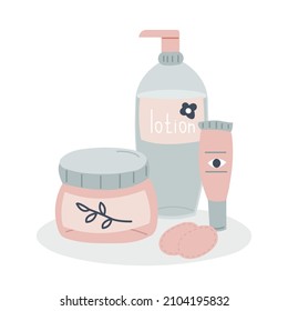 Set of natural organic cosmetic products in bottle, jar, tube for skincare. Basic female beauty skin care. Cartoon vector illustration isolated on white background