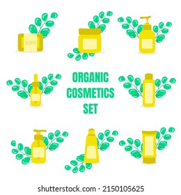Set Natural Organic Cosmetics Products in Bottles Jars and Tubes for Skin Care Skincare Routine Herbal Cosmetics Liquid Soap Cosmetics Eco Friendly Product Skin Care Body and Face Skin