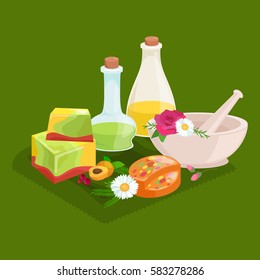 set of natural organic hand made soap with olives vector illustration, body beauty care concept, nature cosmetics aroma bar for herbal handmade spa products collection