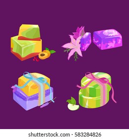set of natural organic hand made soap with olives vector illustration, body beauty care concept, nature cosmetics aroma bar for herbal handmade spa products collection