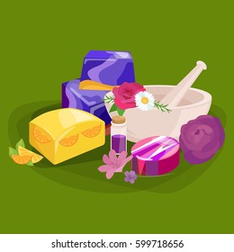 set of natural organic hand made soap with olives vector illustration, body beauty care concept, nature cosmetics aroma bar for herbal handmade spa products collection