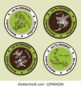 Set of Natural Organic Product badges. Collection of Ayurvedic Herbs. Natural Supplements. Turmeric, Maca, Gymnema, Bacopa