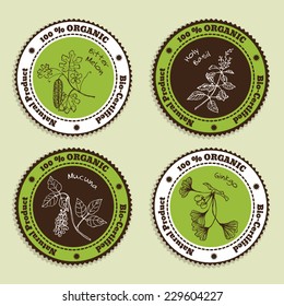 Set of Natural Organic Product badges. Collection of Ayurvedic Herbs. Natural Supplements. Bitter melon, Holy Basil, Mucuna, Ginkgo