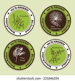 Set of Natural Organic Product badges. Collection of Herbs. Labels for Essential Oils and Natural Supplements. Saw palmetto, Tea tree, Blueberry, Jojoba 