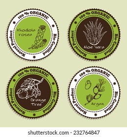 Set of Natural Organic Product badges. Labels for Essential Oils. Aloe Vera, Rhodiola Rosea, Orange Tree, Argan