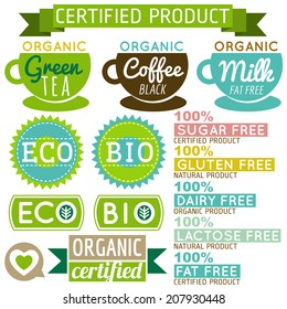 set of natural organic product labels and emblems, vector