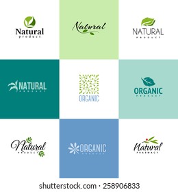 Set of natural and organic products logo templates. Icons of leaves and branches