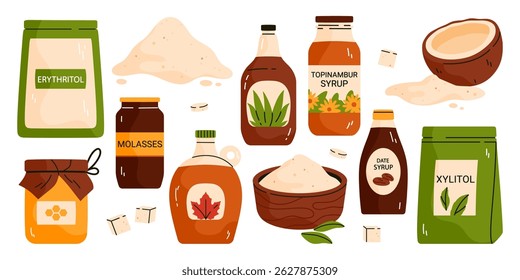 Set of natural organic sweeteners. Healthy sugar substitute collection. Vegan gluten-free and diabetic-friendly product. Vector illustration in cartoon style. Isolated on white background