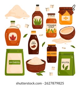 Set of natural organic sweeteners. Healthy sugar substitute collection. Vegan, gluten-free and diabetic-friendly product. Vector illustration in cartoon style. Isolated on white background