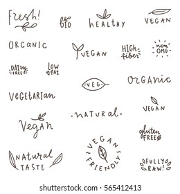 Set of natural, organic, vegetarian vegan bio labels. Vector hand written words. 