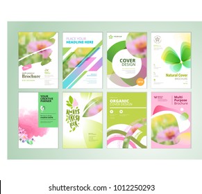 Set of natural product brochure, annual report, flyer design templates in A4 size. Vector illustrations for beauty, organic products and cosmetics presentation, document cover, layout template designs