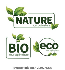 Conjunto de producto natural, diseño de hoja de logotipo con línea de marco.