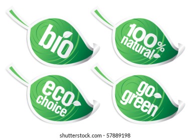 Set of natural product stickers in the form of leaves.