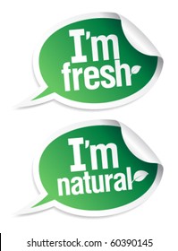 Set of natural product stickers in form of speech bubbles.