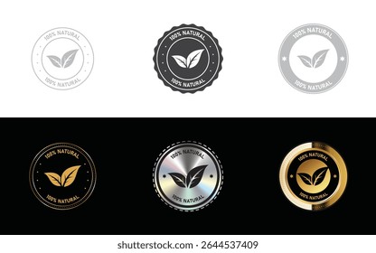 Conjunto de ícone natural ou puro, carimbo, selo, símbolo e logotipo no mínimo, ouro, vetor de design de prata