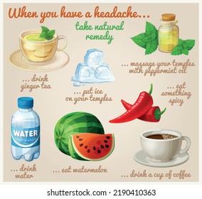 Set of natural remedies to heal headache vector icons. Ache home treatment without medical drugs cartoon illustration