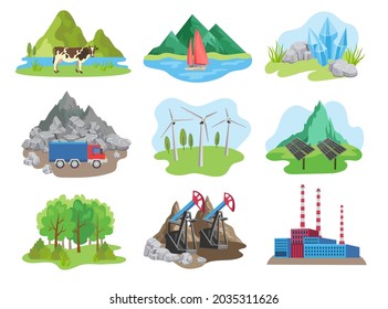 Set of natural resources cartoon vector illustration. Energy production, water and air pollution, crude oil, gas, minerals extraction, forest industry. Environment, human impact, ecology concept