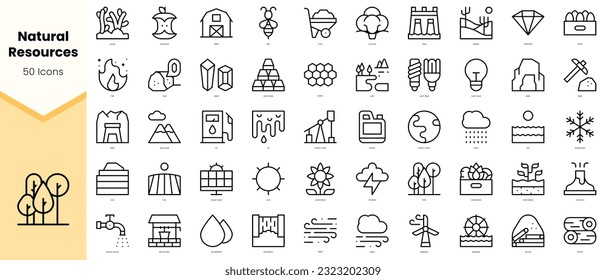 Conjunto de recursos naturales Iconos. Paquete de iconos de estilo de arte de línea simple. Ilustración del vector