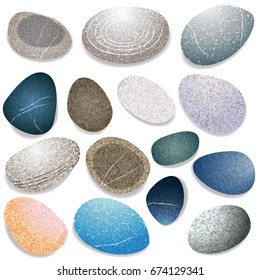 Set of natural sea stones, isolated on white. Beach rock pebbles. Vector illustration