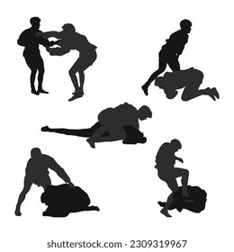 Set of natural silhouettes of sambo athletes in sambo wrestling, combat sambo, duel, fight, jiu jitsu. Martial art, sportsmanship
