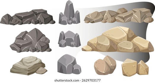 Conjunto de pedregulhos de pedra natural em várias formas e cores terrosas para projetos de paisagem e design