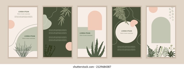 Set of natural style templates for banners, flyers, stories, brochures, web and social media posts. Organic design. Foliage, plants abstract shapes. Vector flat illustrations. EPS 10