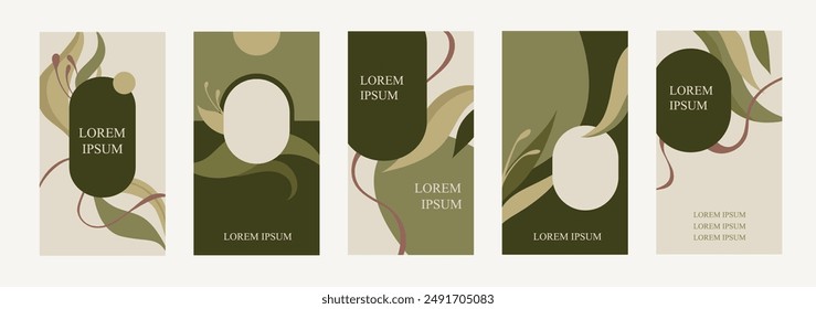 Set of natural style templates for banners, flyers, stories, brochures, web and social media posts. Organic design. Foliage, plants abstract shapes. Vector flat illustrations. EPS 10.