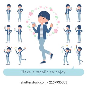 A set of natural style women to enjoy using a smartphone.It's vector art so easy to edit.