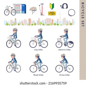 A set of natural style women riding various bicycles.It's vector art so easy to edit.
