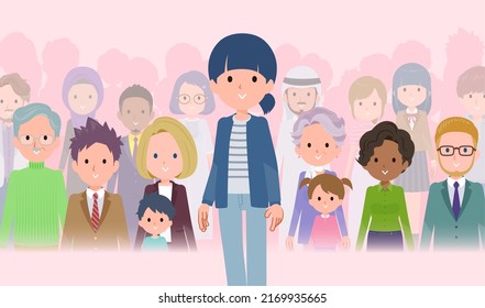 A set of natural style women standing in front of a large number of people.It's vector art so easy to edit.