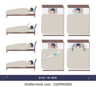 A set of natural style women staying in bed.It's vector art so easy to edit.