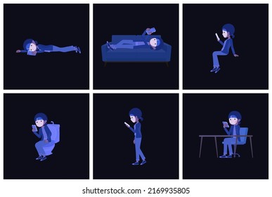 A set of natural style women who use smartphones in the dark.It's vector art so easy to edit.