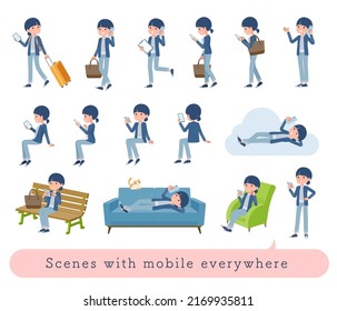 A set of natural style women who uses a smartphone in various scenes.It's vector art so easy to edit.