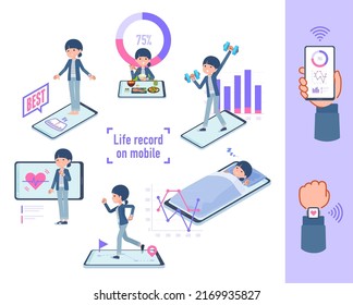 A set of natural style women who manage their behavior and health on their smartphones.It's vector art so easy to edit.