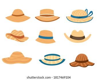 Juego de sombrero de heno de verano natural con correa y proa de ilustración plana aislada en fondo blanco