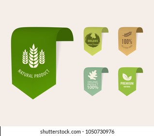 set of natural tag label and organic label green color. vintage banner and badge design.