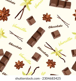 set of natural vanilla flowers and sticks, chocolate slices and satr anis, seamless vector illustration for textile, print