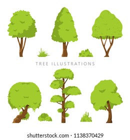 Set of natural various shape trees vector isolated white background.