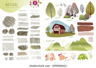 Set of natural vector illustrations and textures on the topic of agriculture, countryside, natural landscapes, rural life, landscaping architecture for graphic and web design.