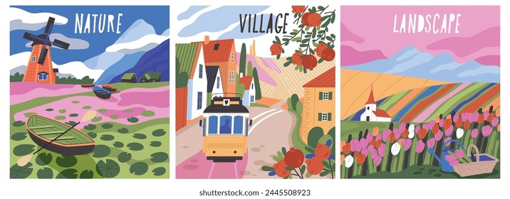 Set of natural village landscapes. Beautiful scenery with countryside houses, fields with blooming flowers, gardens, river and windmill. Cartoon flat vector illustrations isolated on white background