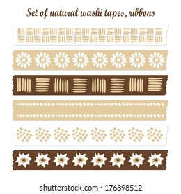 Set of natural washi tapes, ribbons, vector elements, cute design patterns