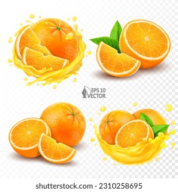 Set of natural whole orange fruits with half and green leaves isolated on white background. Transparent splash of fresh squeezed cirtus juice. 3d realistic vector illustration