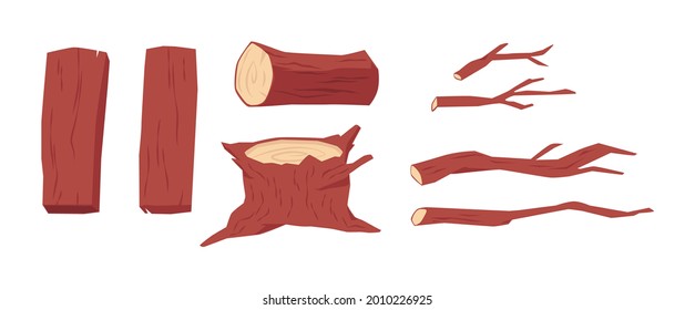 Conjunto de materiales de madera natural, ilustración plana vectorial aislada sobre fondo blanco. Colección de sección transversal de tronco de árbol, ramas y maderas.