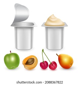 Set of Natural Yogurt packaging container jar design, including strawberry, cherry, apricot taste, template of vector illustration